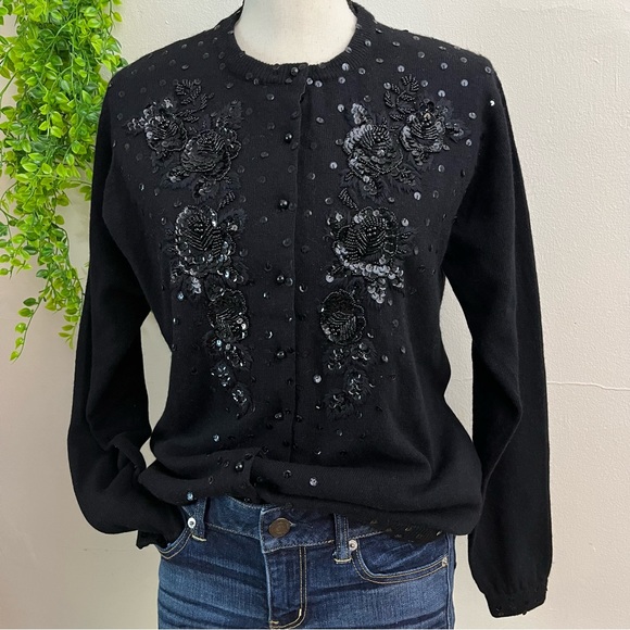 Vintage Sweaters - Vintage Lambswool Floral Embroidered Sequin Cardigan Small Medium